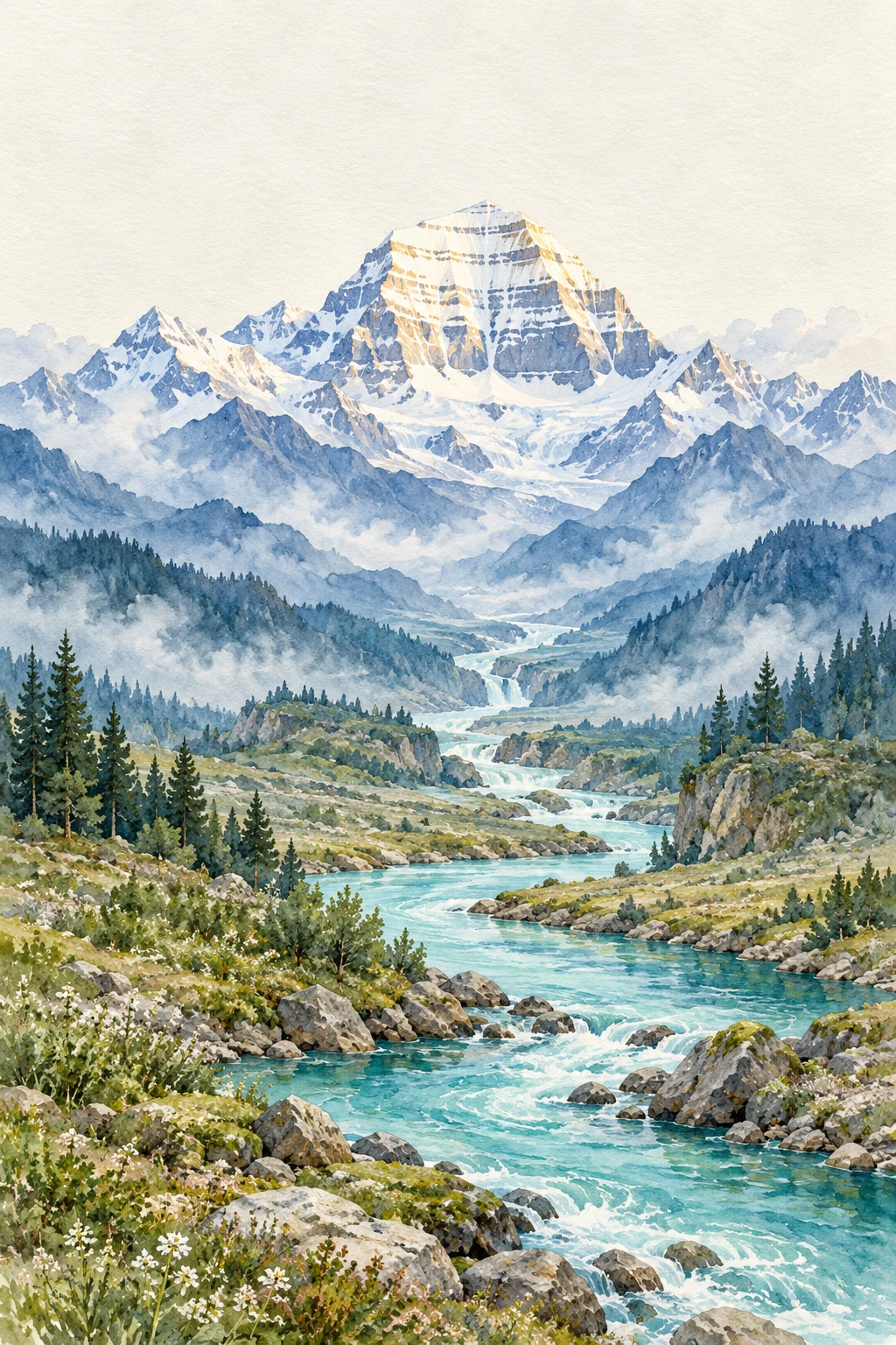 Watercolour Mount Kailash rising above the Ganga