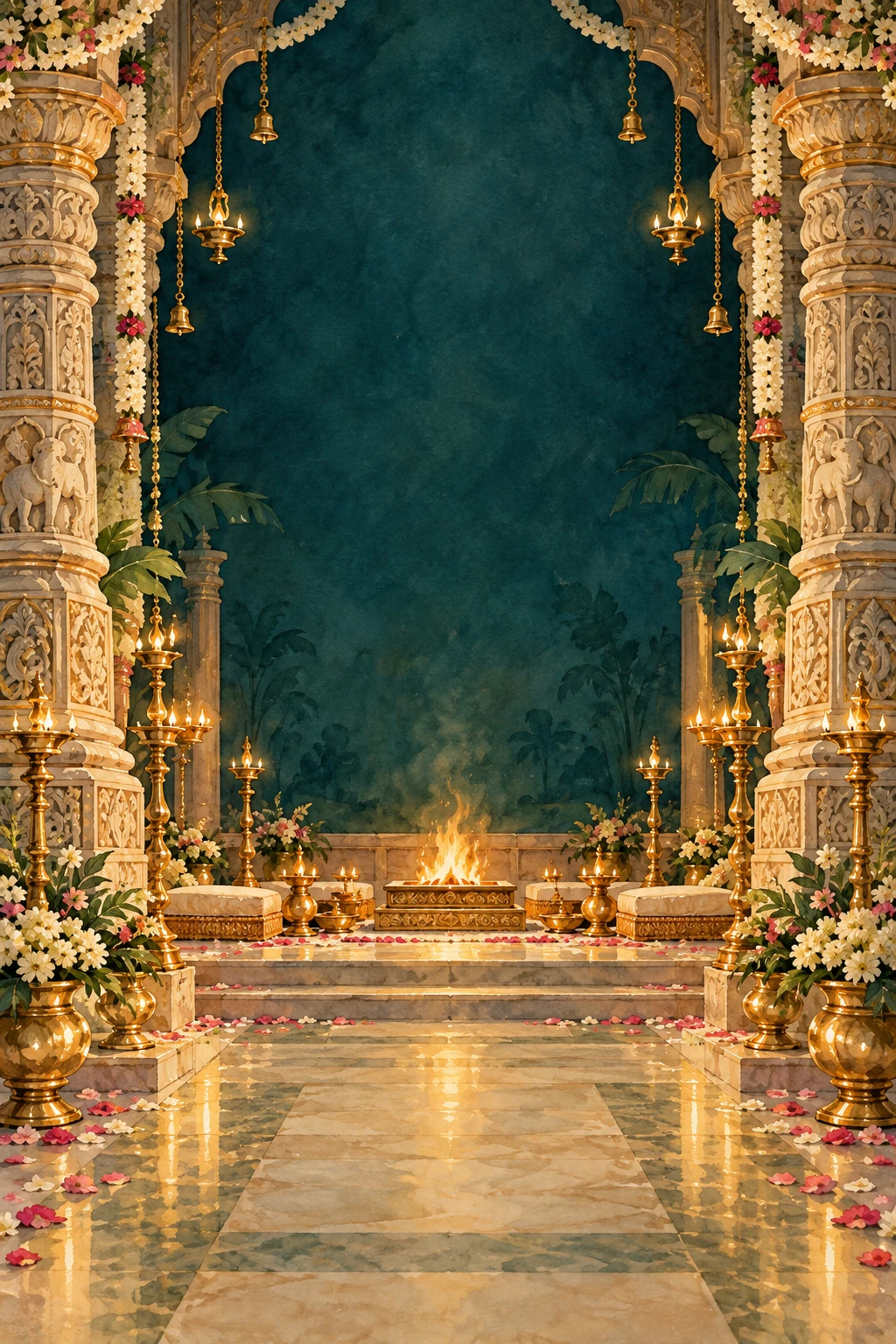 An imagined Kedarnath-inspired wedding mandap with lamps and a sacred fire
