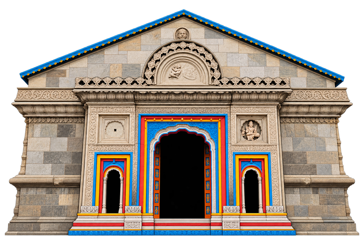 Clean illustrated Kedarnath facade with stone gable and colourful doorway